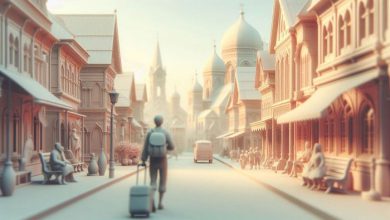 راه رفتن مردی به همراه چمدان در خیابان